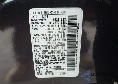 2013 Nissan Rogue Sv z USA, uszkodzony, nr VIN JN8AS5MV0DW657423